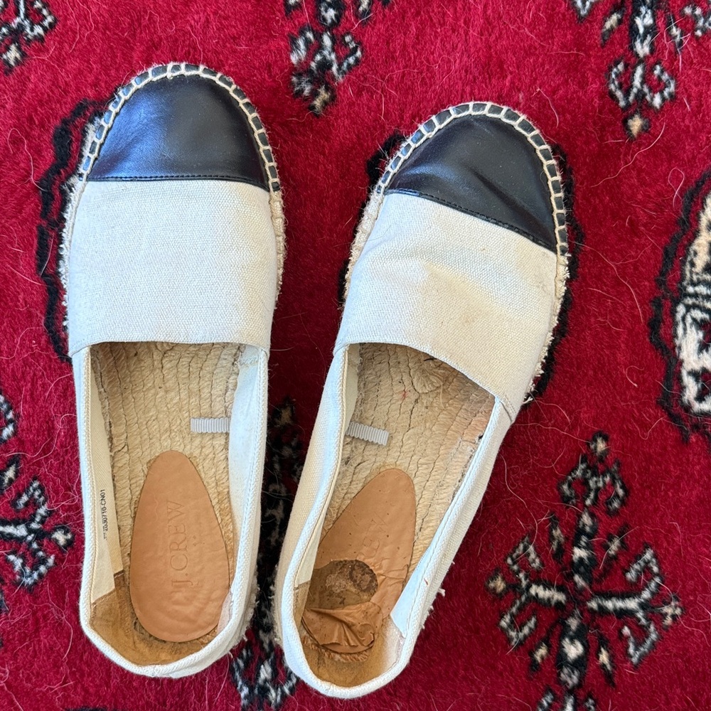 J. Crew Facto Canvas Espadrilles Flats with Black Cap Toe, size 8